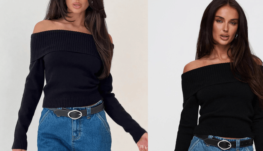 Thumbnail of One For Me Off The Shoulder Long Sleeve Sweater Black