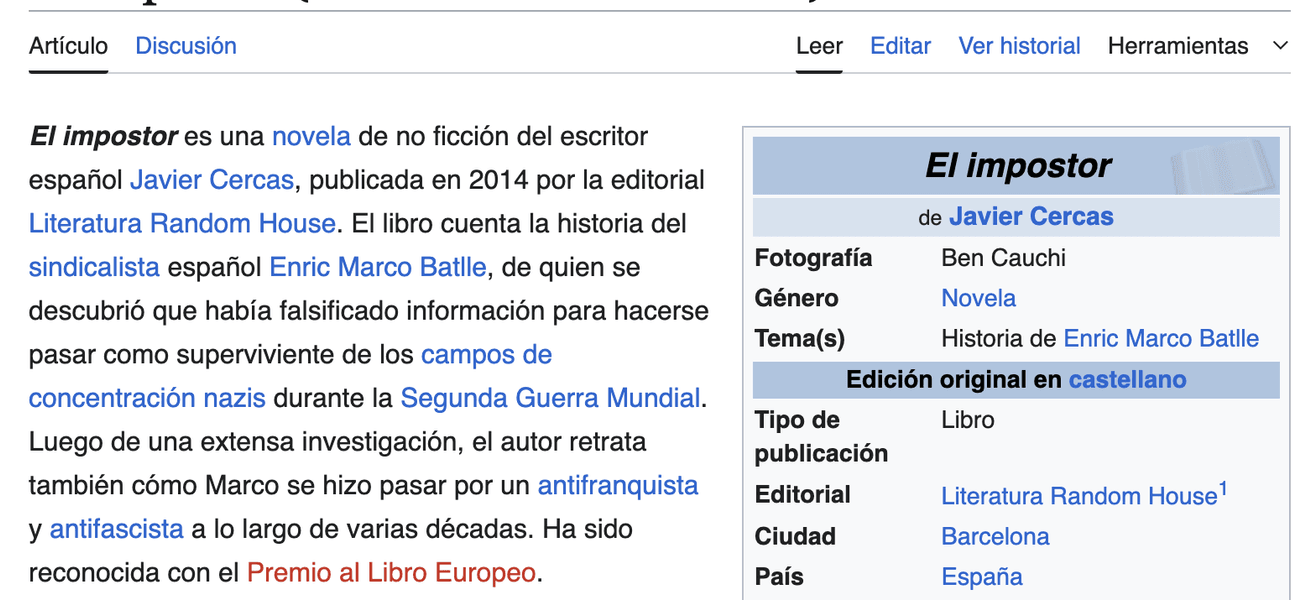 Thumbnail of El impostor (novela de Javier Cercas) - Wikipedia, la enciclopedia libre