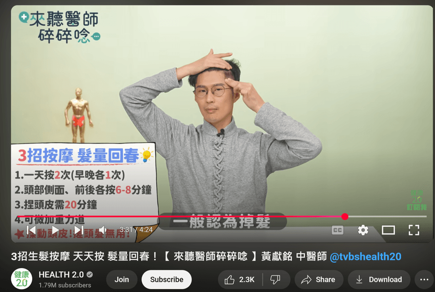 Thumbnail of 3招生髮按摩 天天按 髮量回春！【 來聽醫師碎碎唸 】黃獻銘 中醫師 @tvbshealth20