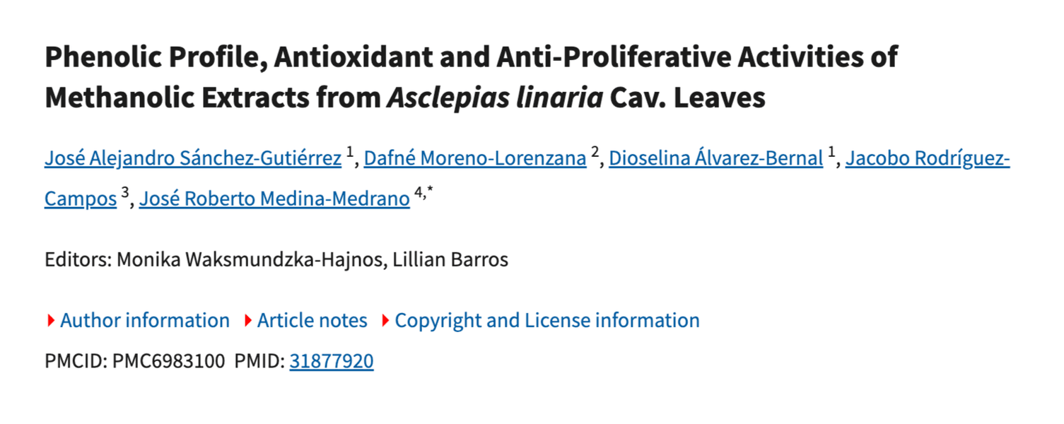 Thumbnail of Phenolic Profile, Antioxidant and Anti-Proliferative Activities of Methanolic Extracts from Asclepias linaria Cav. Leaves