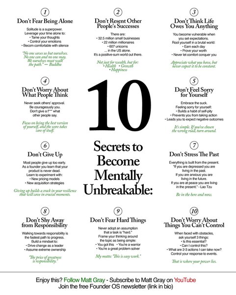 Thumbnail of 10 secrets to become mentally unbreakable: 1. Don't Fear Being Alone Solitude is a superpower. Leverage your time alone to: • Tame your thoughts • Control your emotions • Becom...