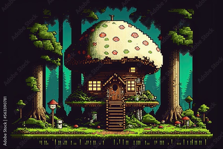 Thumbnail of Pixel art mushroom house in fantasy world, enchanted forest with giant mushrooms, background in retro style for 8 bit game, Generative AI Stock Illustration