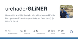 Thumbnail of GitHub - urchade/GLiNER: Generalist and Lightweight Model for Named Entity Recognition (Extract any entity types from texts) @ NAACL 2024