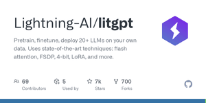 Thumbnail of GitHub - Lightning-AI/litgpt: Pretrain, finetune, deploy 20+ LLMs on your own data. Uses state-of-the-art techniques: flash attention, FSDP, 4-bit, LoRA, and more.