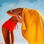 Thumbnail of Girl with Yellow Towel - Woman on Beach Painting