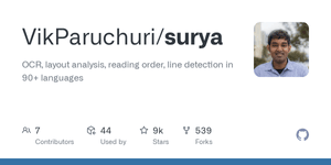 Thumbnail of GitHub - VikParuchuri/surya: OCR, layout analysis, reading order, line detection in 90+ languages
