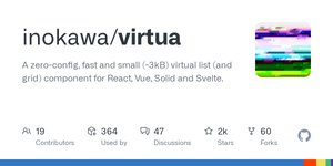 Thumbnail of GitHub - inokawa/virtua: A zero-config, fast and small (~3kB) virtual list (and grid) component for React, Vue, Solid and Svelte.