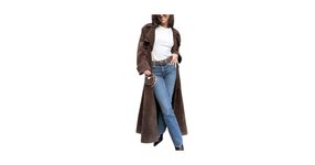 Thumbnail of Amazon - utcoco Womens Faux Suede Long Trench Coat Notched Lapel Double Breasted Pea Coat Overcoat with Belt (Medium, Brown)