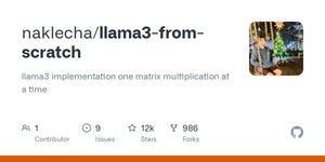 Thumbnail of GitHub - naklecha/llama3-from-scratch: llama3 implementation one matrix multiplication at a time