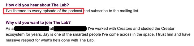 Thumbnail of This screenshot is from a recent application for my membership, The Lab… | Jay Clouse | 55 comments