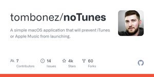 Thumbnail of tombonez/noTunes: A simple macOS application that will ... - GitHub