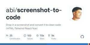Thumbnail of GitHub - abi/screenshot-to-code: Drop in a screenshot and convert it to clean code (HTML/Tailwind/React/Vue)