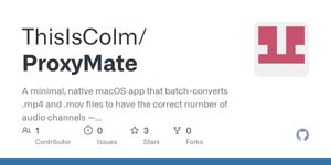 Thumbnail of GitHub - ThisIsColm/ProxyMate: A minimal, native macOS app that batch-converts .mp4 and .mov files to have the correct number of audio channels — perfect for fixing proxy relinking or mismatch...
