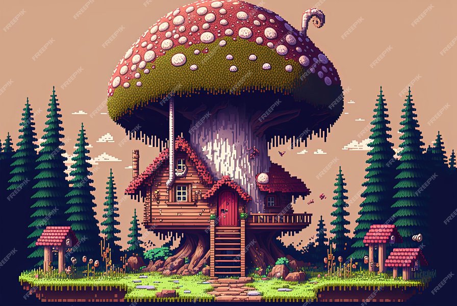 Thumbnail of Premium Photo | Pixel art mushroom house in fantasy world enchanted forest giant mushrooms background for 8 bit AI