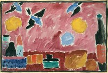 Thumbnail of Still Life with Bottle, Bread and red Wallpaper with Swallows, 1915