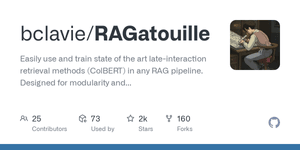 Thumbnail of GitHub - bclavie/RAGatouille: Easily use and train state of the art late-interaction retrieval methods (ColBERT) in any RAG pipeline. Designed for modularity and ease-of-use, backed by research.