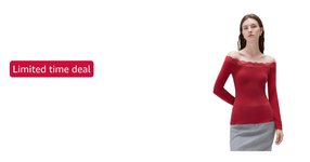 Thumbnail of Amazon - SUUKSESS Cloud Cashmere Women Lace Off Shoulder Fitted Long Sleeve Shirts Basic Knit Going Out Tops (Red, M)