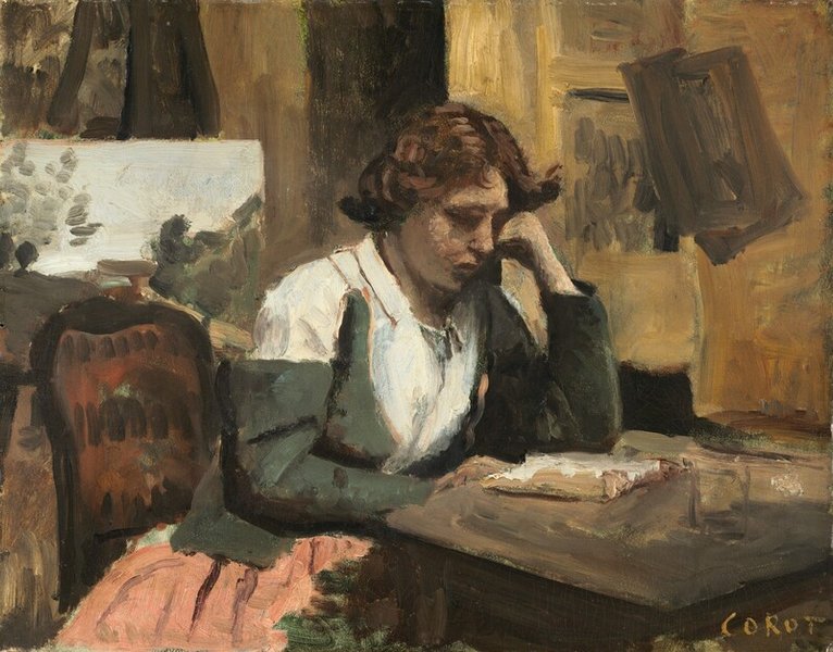 Thumbnail of Woman Reading in the Studio by Jean-Baptiste-Camille Corot